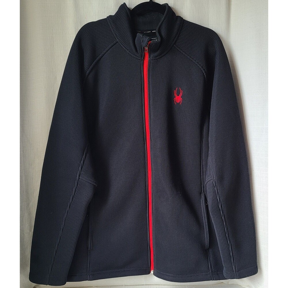 Spyder Full Zip Fleece Jacket Men's XXL Black Red Heavy Knit Sweater Fleece